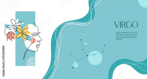Zodiac background. Cancer constellation. The element of earth. Horizontal banner. One line.