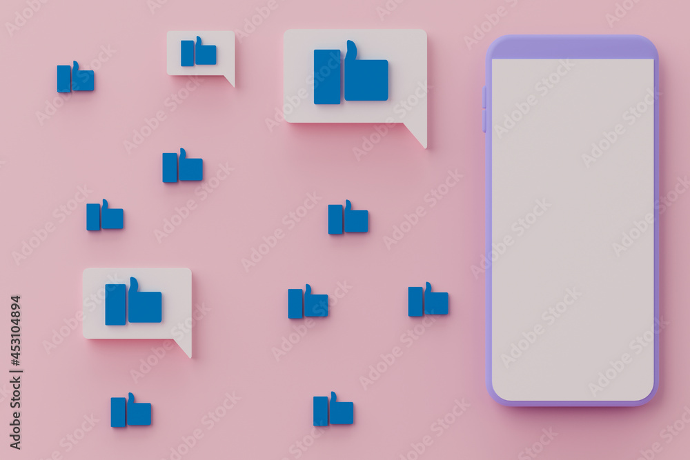 3d rendering smartphone with blank screen and like icon on pink background. 3d rendering smartphone with blank screen and like icon on pink background.