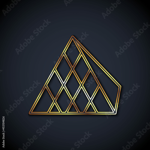 Gold line Louvre glass pyramid icon isolated on black background. Louvre museum. Vector