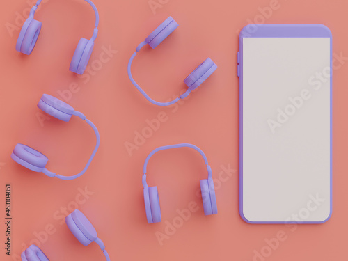 3d rendering blank screen smartphone with purple headphones on pink background.