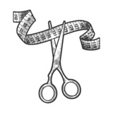 scissors cut measure tape sketch engraving vector illustration. T-shirt apparel print design. Scratch board imitation. Black and white hand drawn image.