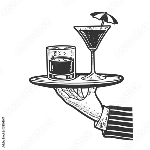 waiter with tray and alcohol drinks sketch engraving vector illustration. T-shirt apparel print design. Scratch board imitation. Black and white hand drawn image.