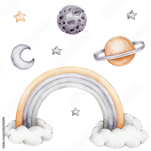 Set with fantasy rainbow, moon, planets and stars; watercolor hand drawn illustration; with white isolated background