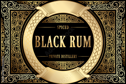 Black Rum - golden ornate vintage decorative label