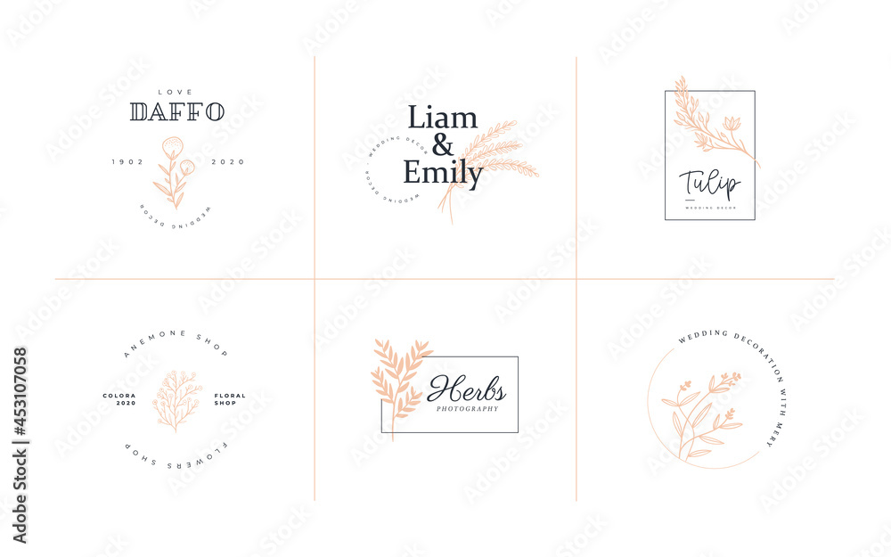 Naklejka premium Abstract Doodle flowers logo template. Modern Logo Template for florist, photographer, fashion blogger, design studio. Retro Floral Vector Illustration.
