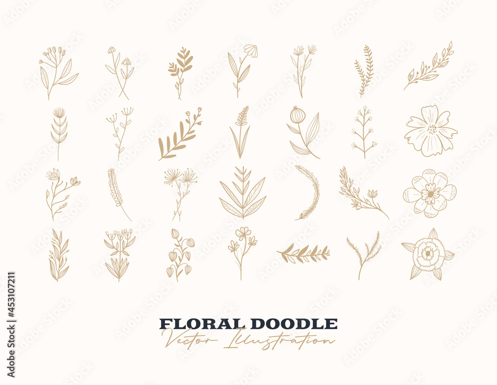 Doodle vector flowers set. Hand drawn Decorative elements for design. Ink, vintage and rustic styles.