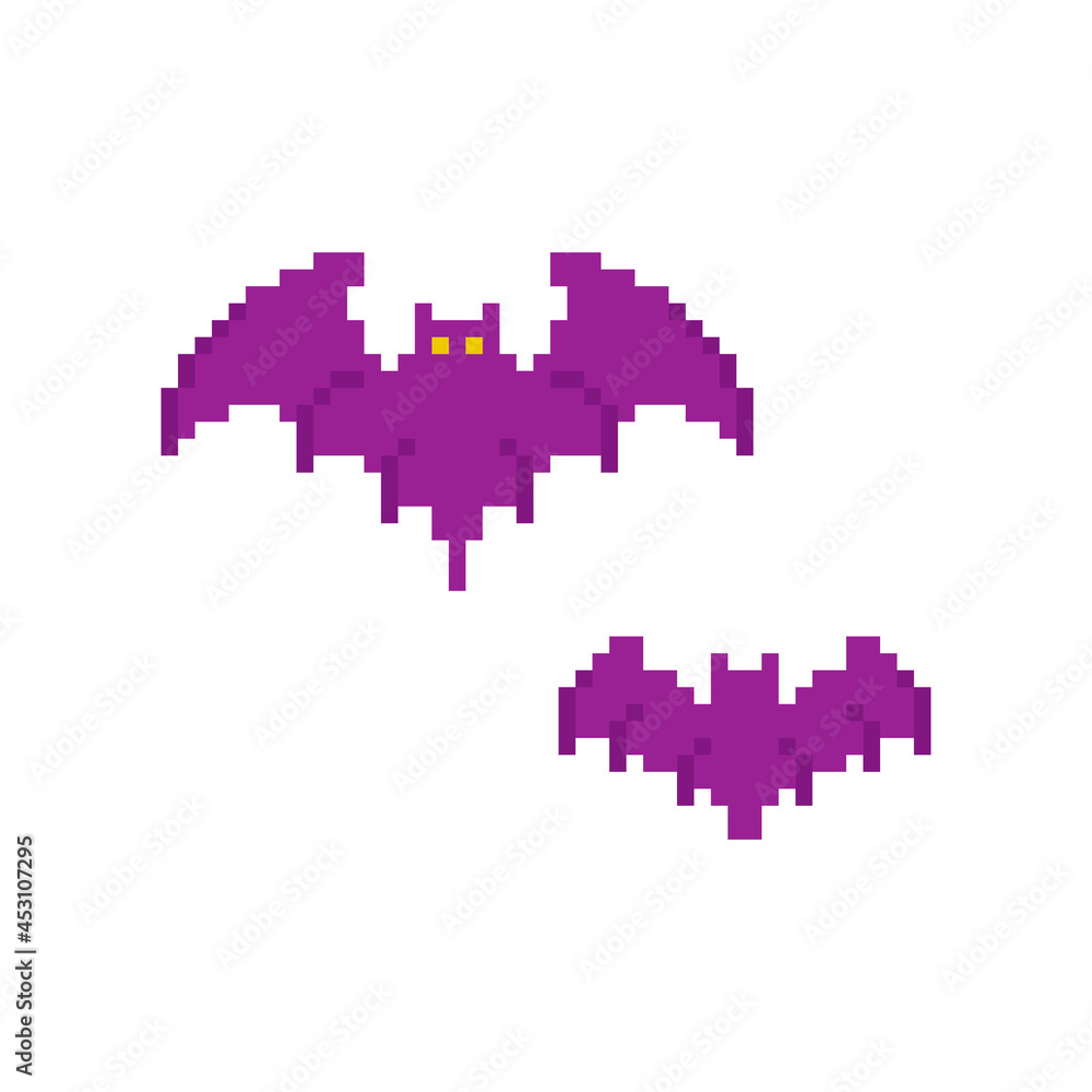 Pixel art bats. Halloween decoration in 8 bit retro pixel style. Pair of  pixel art vampire purple bats on a white background. ilustración de Stock |  Adobe Stock