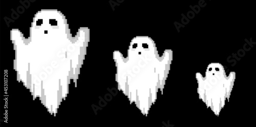 Pixel art ghosts set. Halloween retro 8 bit pixel ghosts illustration. Vector wraith or specters collection for happy halloween holidays or game assets. Pixel art paranormal bogart set.