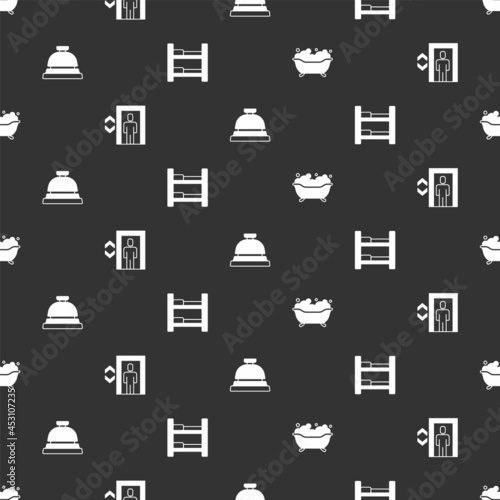 Set Bathtub, Lift, Hotel service bell and room bed on seamless pattern. Vector