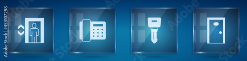 Set Lift, Telephone handset, Hotel door lock key and . Square glass panels. Vector