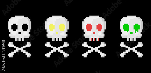 Pixel art skull and bones set. 8 bit style retro game skull and crossbones collection for halloween decoration. Toxic, acid, devil, glowing, death skull and bones in pixel art retro style.