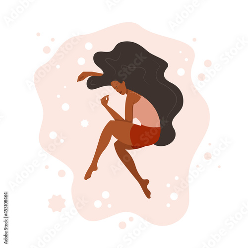 Cute young woman snuggled. Top view. Vector flat design illustration.