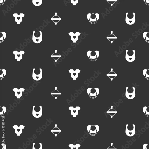 Set Baby dummy pacifier, bib, clothes and Whirligig toy on seamless pattern. Vector