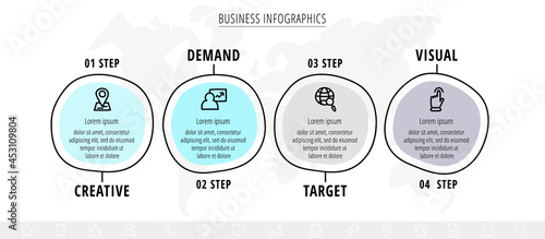 Vector minimal line infographics with circles. Hand-drawn business timeline 4 steps by step. Flat template with four ways for chart, diagram, flowchart, app