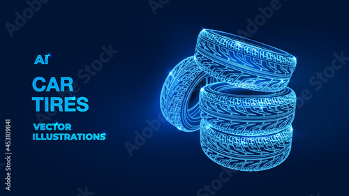 Car tires concept. Vector rendering of 3d. Wire-frame style. The layers of visible and invisible lines are separated Polygonal 3d сar tires in dark blue background. Online cargo delivery, logistic.