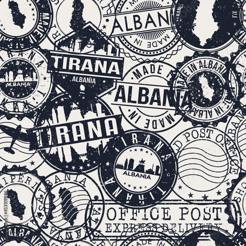 Tirana, Albania Stamps Background. A City Stamp Vector Art. Set of Postal Passport Travel. Design Set Pattern.
