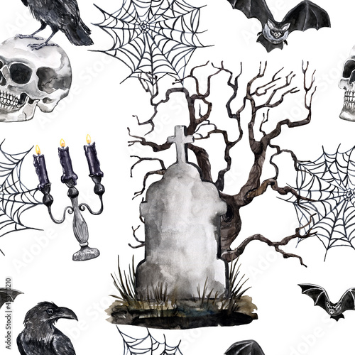 Watercolor Halloween seamless pattern in vintage goth style. Scary skull, flying bats, black crow, spider web, graveyard on white background. Spooky October 31 themed holiday print. photo