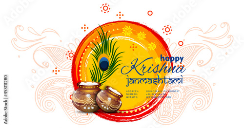Celebrating happy Janmashtami festival of India with llustration of Lord Krishna with text in Hindi meaning 'Krishan Janmashtami'- vector background
