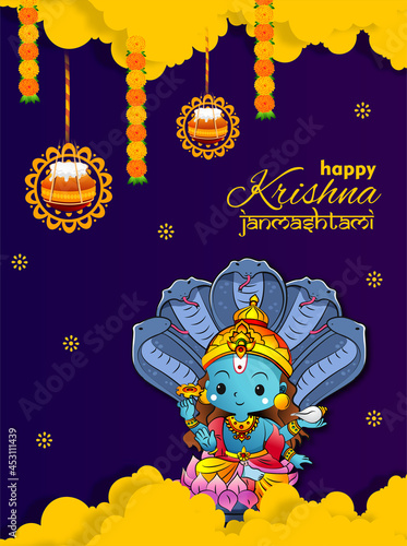 Celebrating happy Janmashtami festival of India with llustration of Lord Krishna with text in Hindi meaning 'Krishan Janmashtami'- vector background © mona_