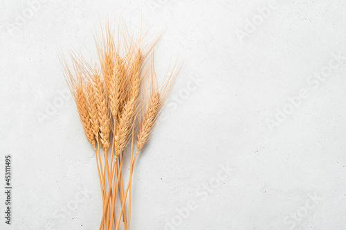 Wheat spikelets on a light gray background. Top view, copy space.
