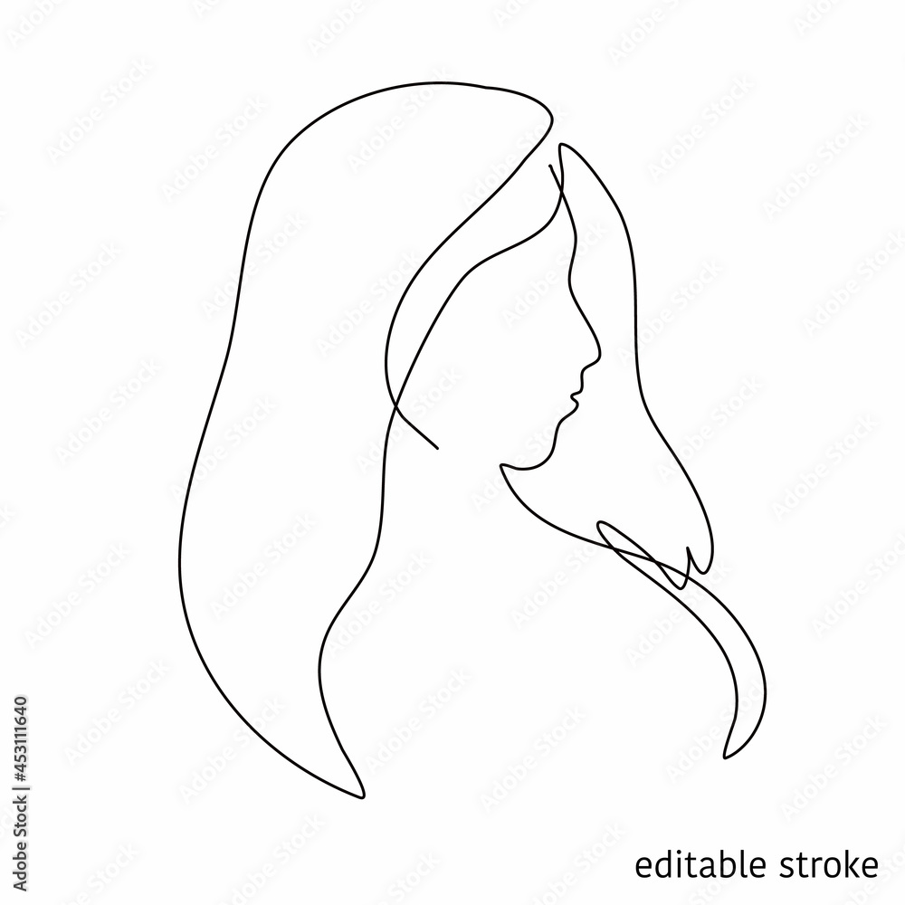 Woman Profile in Continuous Line Drawing. Sketchy Girl Character. Outline Simple Artwork with Editable Stroke. Vector Illustration. Woman Profile in Continuous Line Drawing. Sketchy Girl Character. Outline Simple Artwork with Editable Stroke. Vector Illustration.