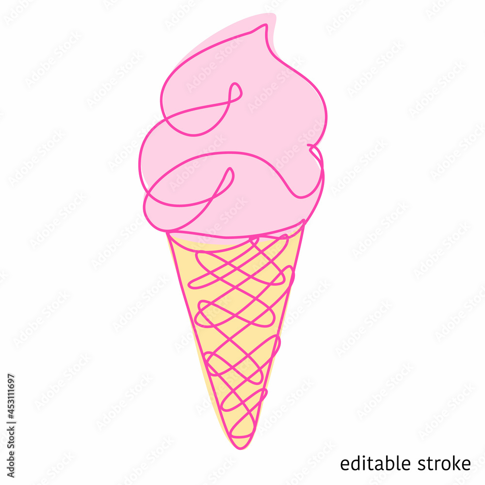 Ice Cream Made in Continuous Line Art Style. Doodle Element. Linear Waffle Cone with Editable Stroke. Vector Illustration.