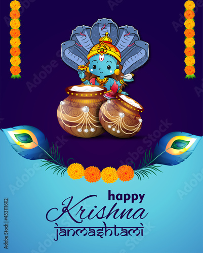 Celebrating happy Janmashtami festival of India with llustration of Lord Krishna with text in Hindi meaning 'Krishan Janmashtami'- vector background © mona_