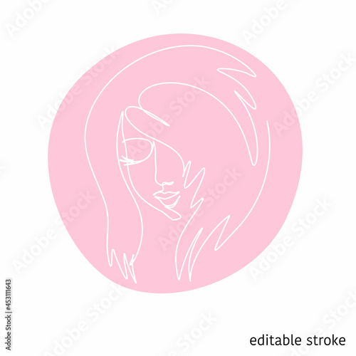 Woman Face in Continuous Line Drawing. Sketchy Girl Character. Outline Simple Artwork with Editable Stroke. Vector illustration.
