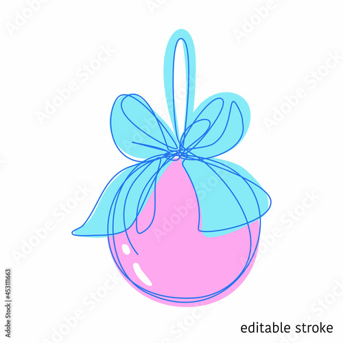 Christmas Ball with Bow Made in Continuous Line Art Style. Holiday Element. Linear XMAS Bauble with Editable Stroke. Vector Illustration.