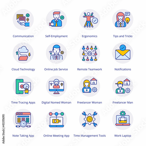 Work From Home Flat Circle Icons - Vectors