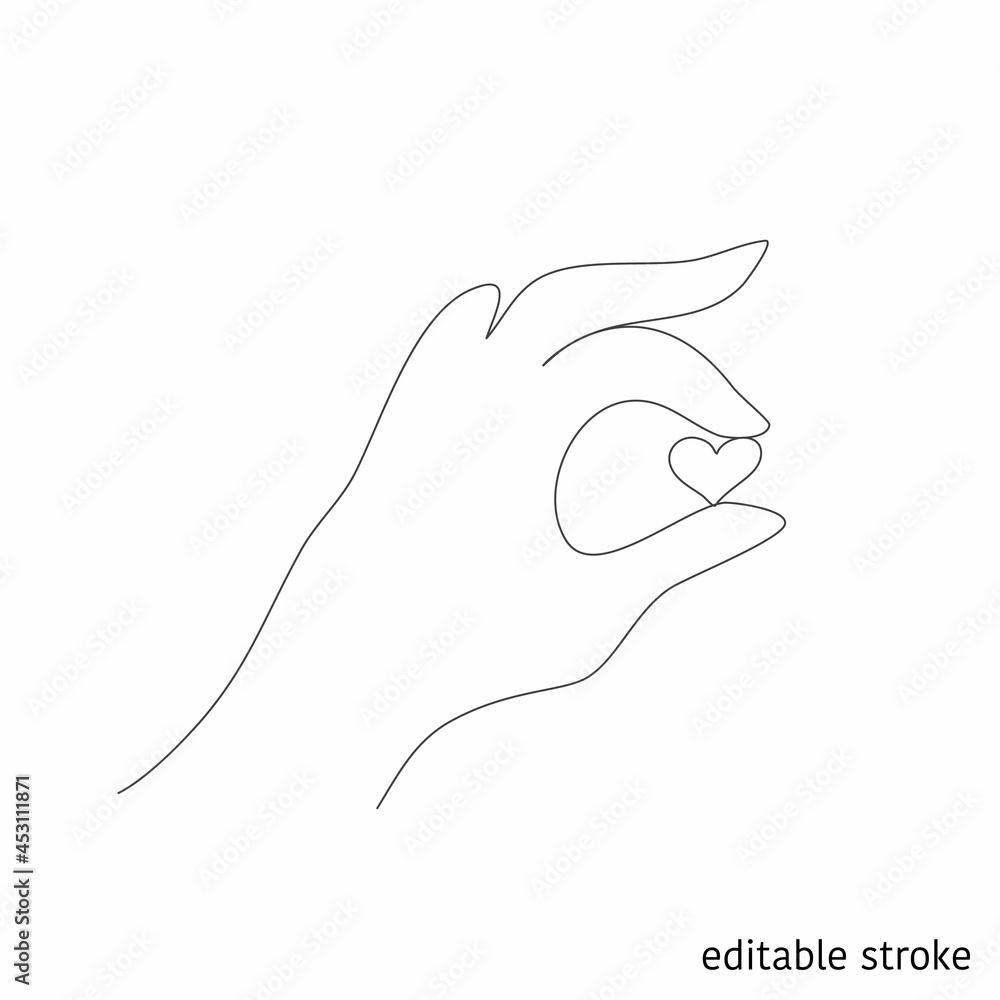 Hand with Little Heart in Linear Style. Sketchy Romantic Concept. Outline Simple Artwork with Editable Stroke. Vector Illustration. Hand with Little Heart in Linear Style. Sketchy Romantic Concept. Outline Simple Artwork with Editable Stroke. Vector Illustration.