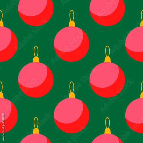 Christmas Ornament Seamless Pattern with Red Baubles for Winter Holiday Design. Bright Repeat Bauble Wallpaper. Greeting Card Template. Vector Illustration.