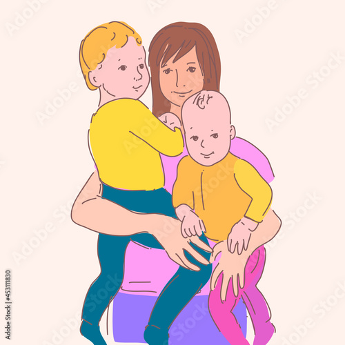Woman with Children in Linear Drawing. Sketchy Maternity Concept. Outline Simple Artwork with Editable Stroke. Vector iIllustratio