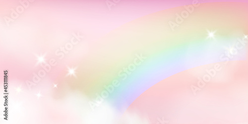Fantasy Sky Background with Cute Rainbow. Pink Clouds in Realistic Style. Baby Unicorn Wallpaper. Vector Illustration.