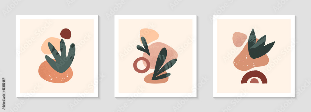Set of modern abstract vector illustrations with organic various shapes and textures.Boho watercolor wall art decor.Trendy art designs perfect for banners;social media,invitations,covers,wallpaper
