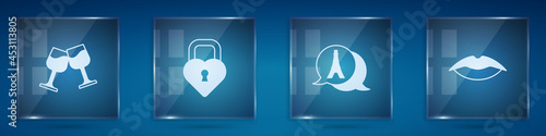 Set Wine glass, Castle the shape of heart, Eiffel tower and Smiling lips. Square glass panels. Vector