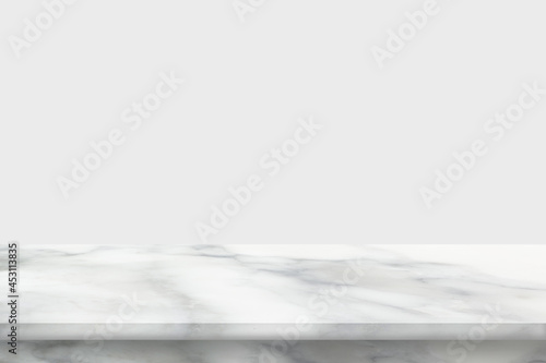 Empty white marble table on gray pastel color background. 