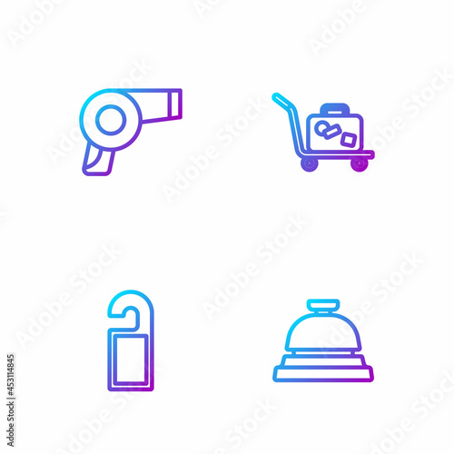 Set line Hotel service bell, Please do not disturb, Hair dryer and Trolley suitcase. Gradient color icons. Vector