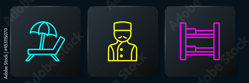 Set line Sunbed with umbrella, Hotel room and Concierge. Black square button. Vector