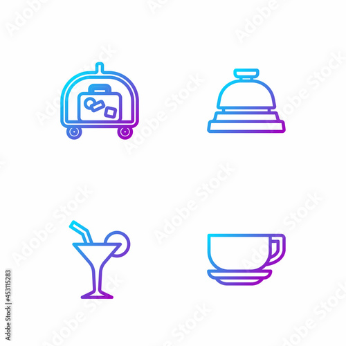 Set line Coffee cup, Cocktail, Hotel luggage cart and service bell. Gradient color icons. Vector