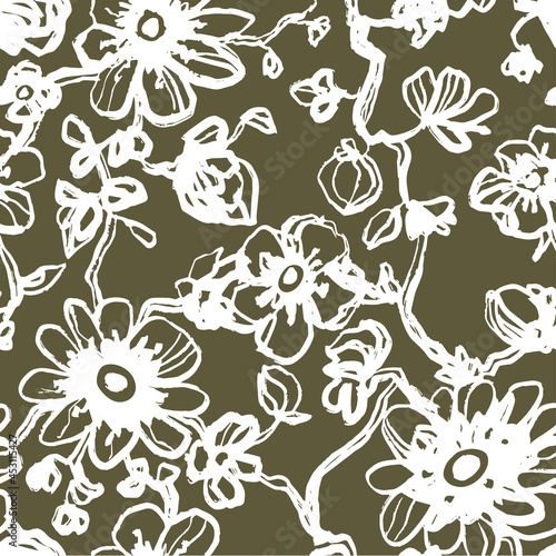 White daisies, dahlias flower seamless pattern on a khaki background. Daisy field. Ditsy floral pattern print. Vector floral illustration. Wild flowering texture.
