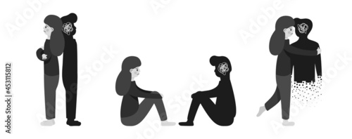 People in depression. Mental health problems, the loss of a loved one, a girl and a black silhouette of a guy, sadness, disappointment, pain in the soul. Isolated on white background