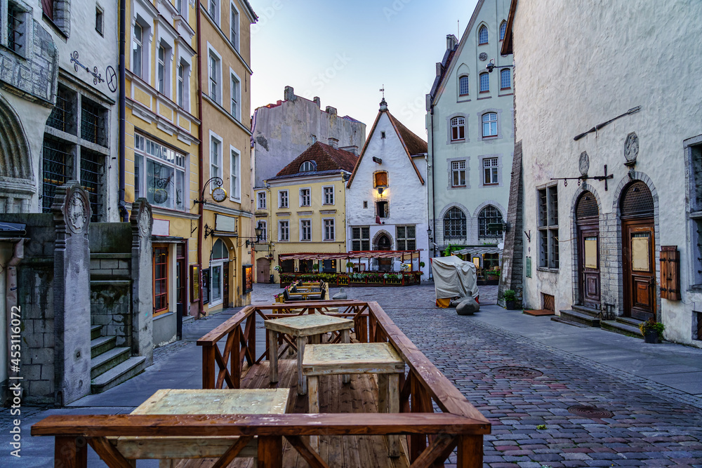 Street with medieval buildings of beautiful architecture. Tallinn Estonia.