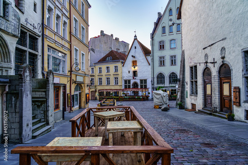 Street with medieval buildings of beautiful architecture. Tallinn Estonia.