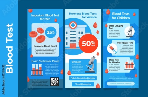 Collection of blood test vertical flyer vector flat set of medical analysis discount templates