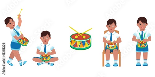 Set of a boy with a drum. Cartoon style. Vector.