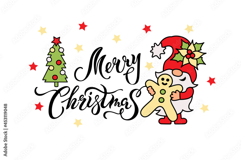 Handwritten lettering Merry Christmas and adorable gnome with gingerbread man and christmas tree on white background. Vector illustration.