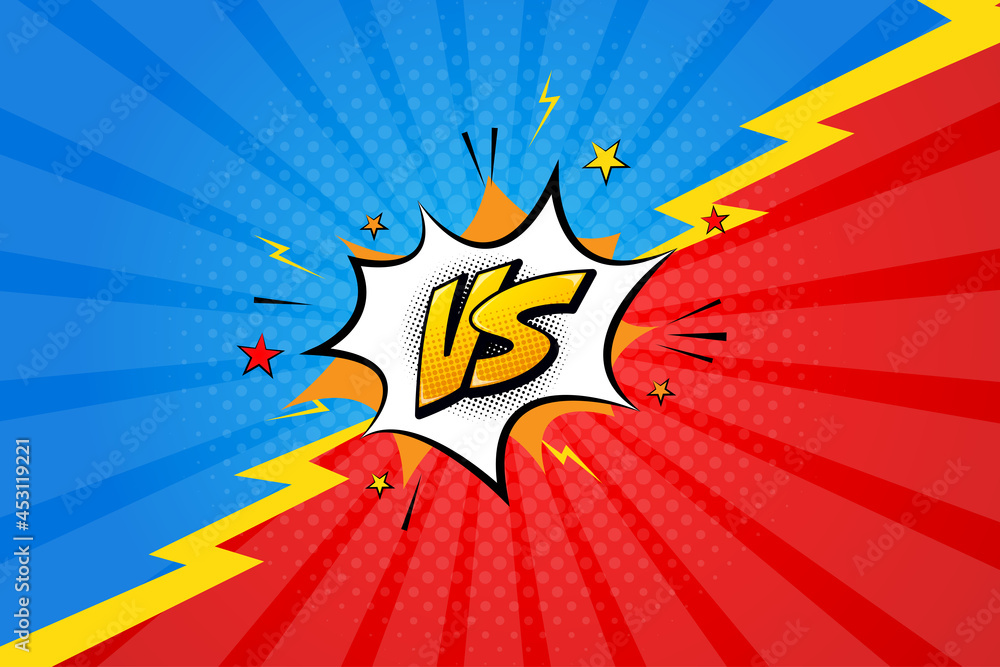 Fototapeta Vector versus letters fight red and blue background in flat comics style.