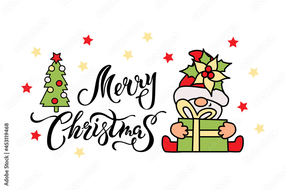 Handwritten lettering Merry Christmas and adorable gnome with gift box and christmas tree on white background. Vector illustration.