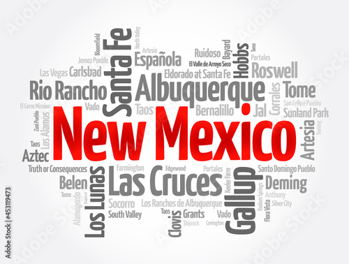 List of cities in New Mexico USA state, word cloud concept background